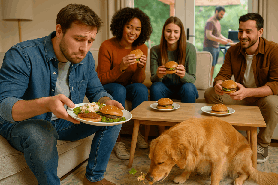 Burger Spill on rug with dog eating spill to be cleaned by Ecosuds Hamilton