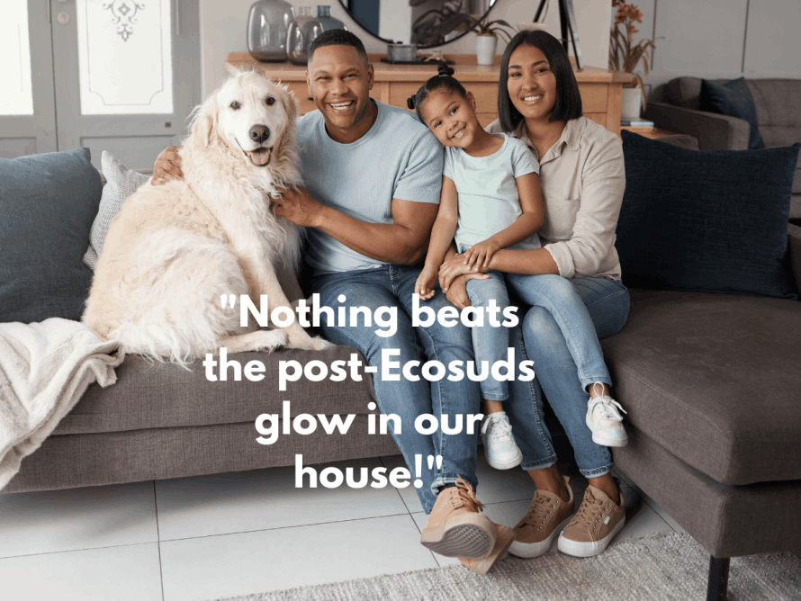 Happy Family on clean carpet and furniture in Burlington, Ontario Cleaned by Ecosuds